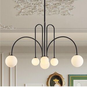 NIB Modern Black Chandelier 6 Lights Sputnik Pendant Withe Glass Globe Shades